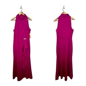 NWT Eliza J Hot Pink High Neck Ruffle Jeweled Maxi Dress Gown 16